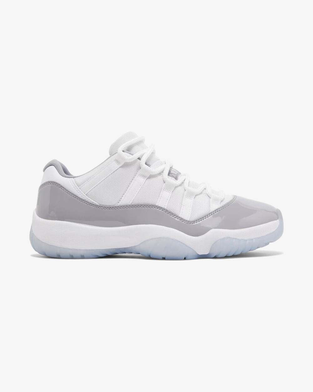 Air Jordan 11 Retro Low Cement Grey sneaker, front view showing grey and black patent leather upper