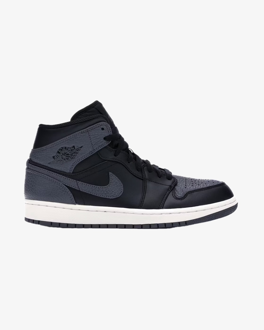 Air Jordan 1 Retro Mid Black Dark Grey sneaker, front view showing black and grey leather upper