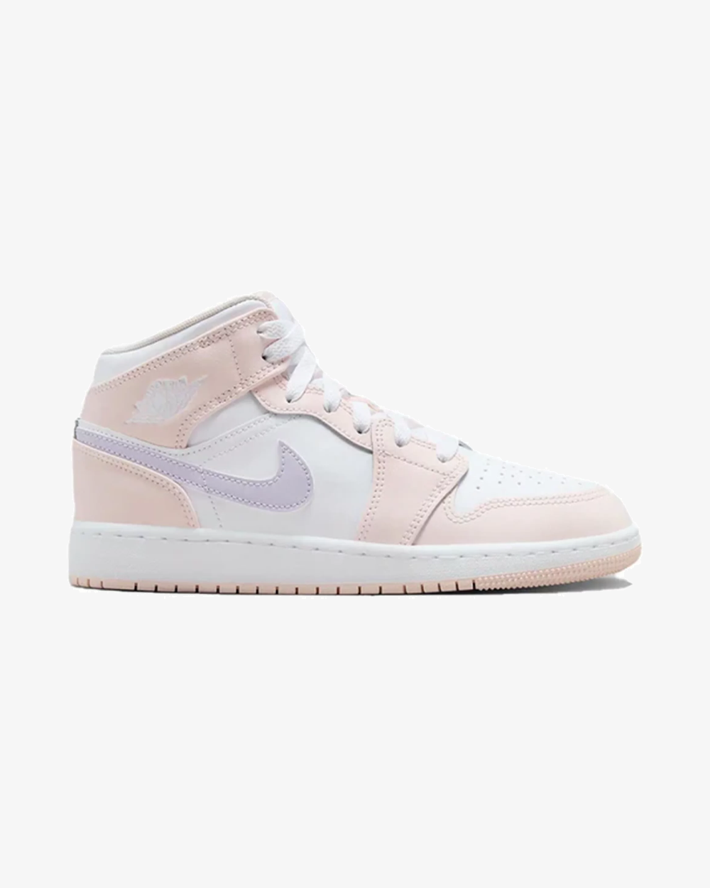 Air Jordan 1 Mid GS Pink Wash sneaker, front view showing pink and purple colorway