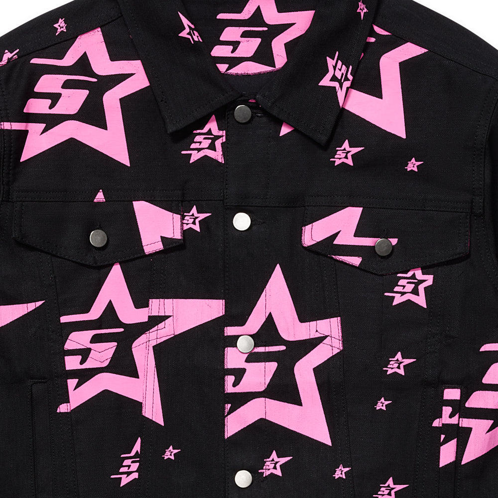 Detail view of silver button closure on SP5DER 5Star Trucker Jacket in Pink Denim