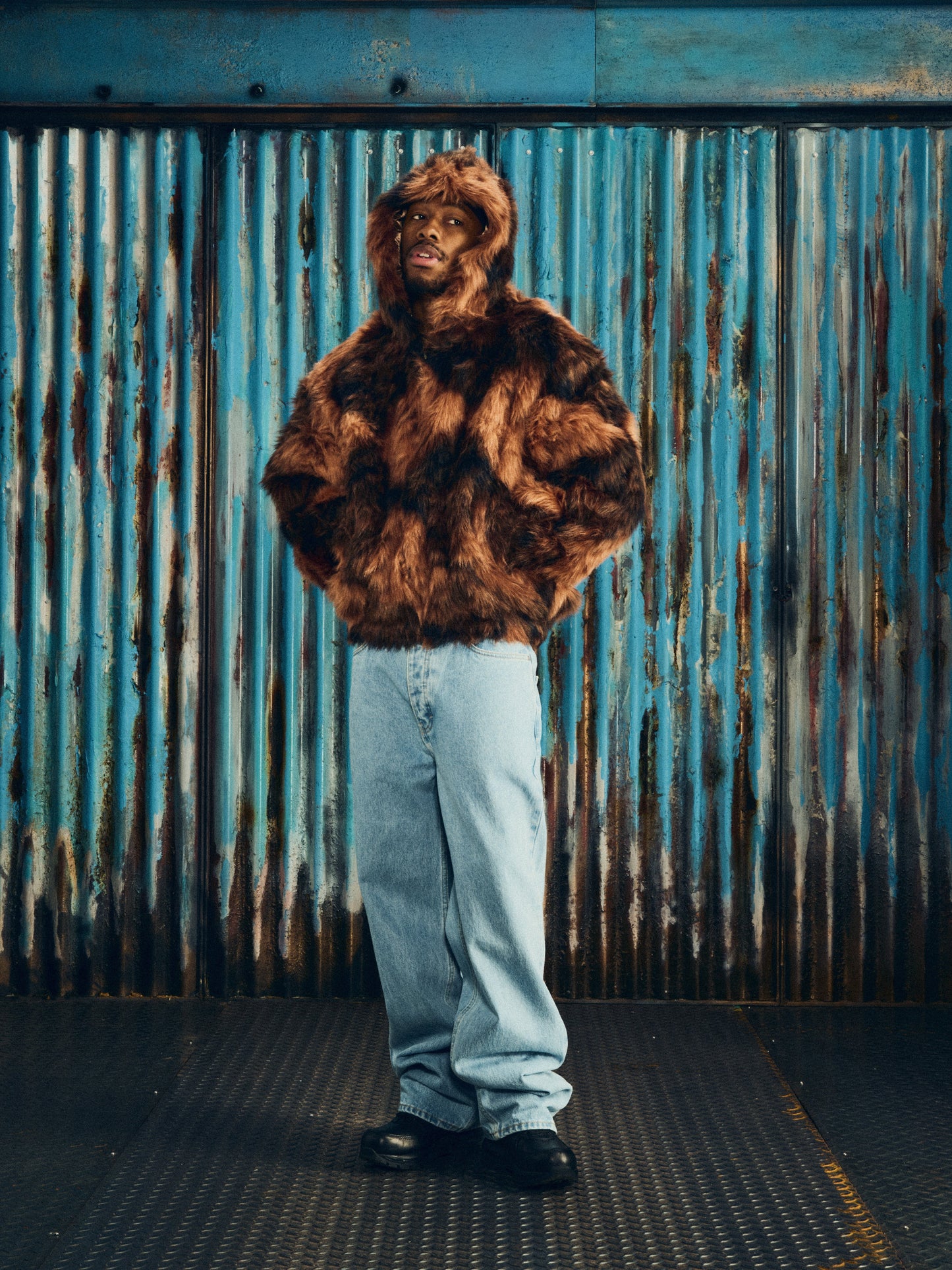 Corteiz Brown Faux Fur Diamond Hooded Jacket, close-up of internal chest pocket and lining