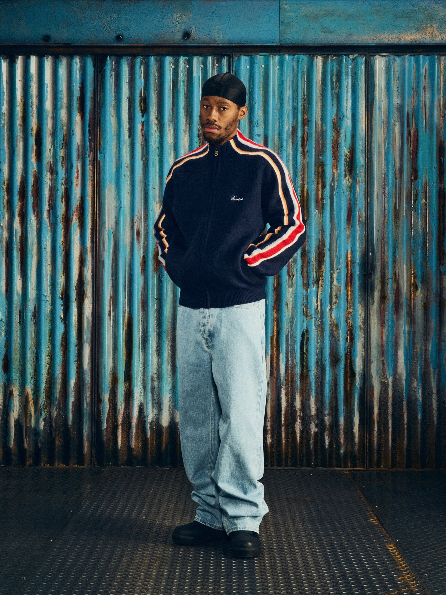 Corteiz Multi Stripe Knit Zip Up - Navy
