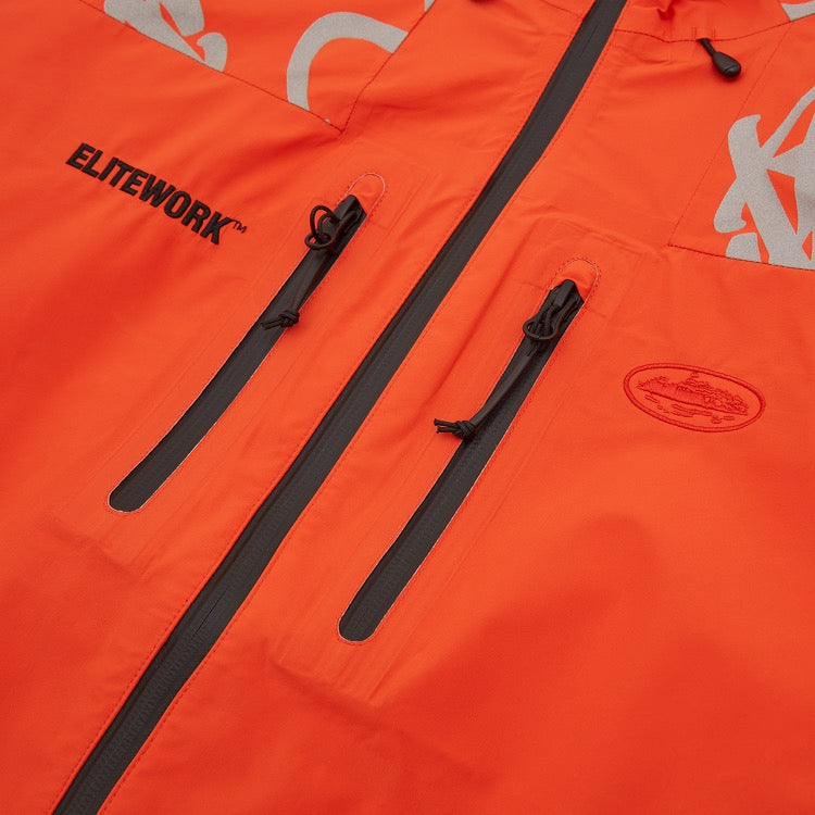 Corteiz Orange Nylon Elitework Waterproof Shell Jacket, close-up of waterproof zipper and taped seams