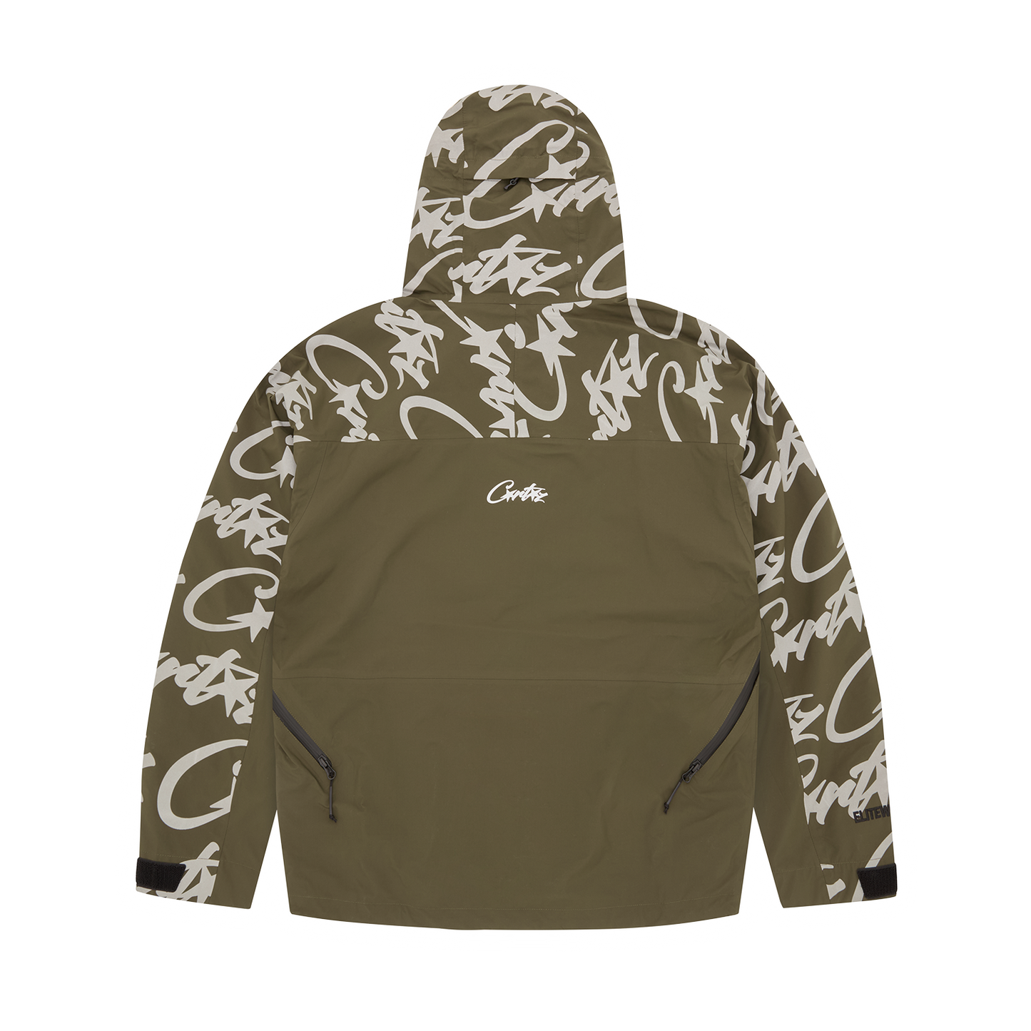 Corteiz Brown Nylon Elitework Waterproof Shell Jacket V2, Khaki, close-up of double YKK waterproof zipper