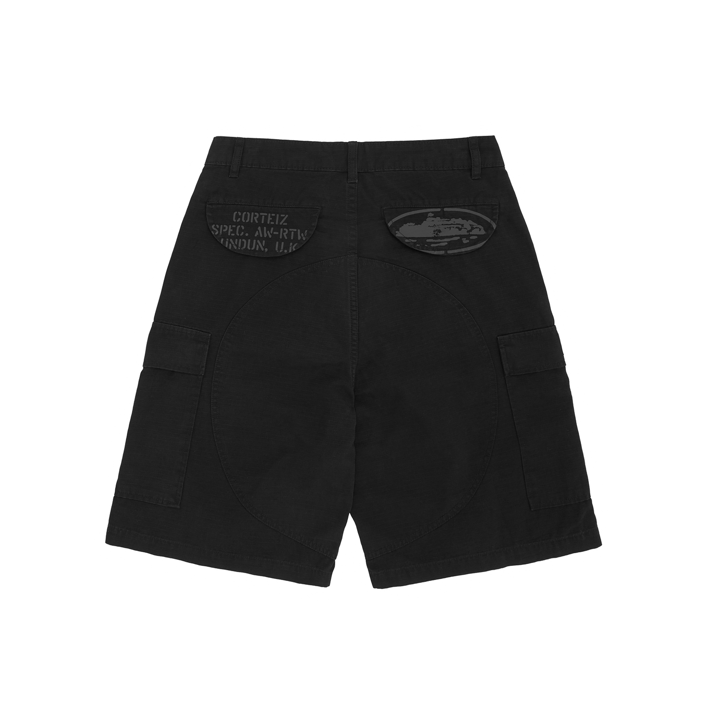 Corteiz Black Cotton Ripstop Guerillaz Cargo Shorts, back view showing screen-printed CRTZ logo on back pocket