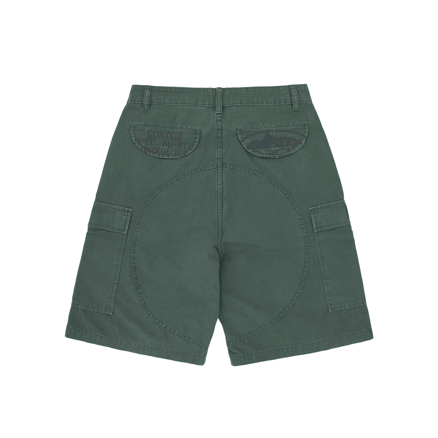 Corteiz Green Cotton Ripstop Cargo Shorts, Olive, back view showing screen-printed CRTZ logo on back pocket