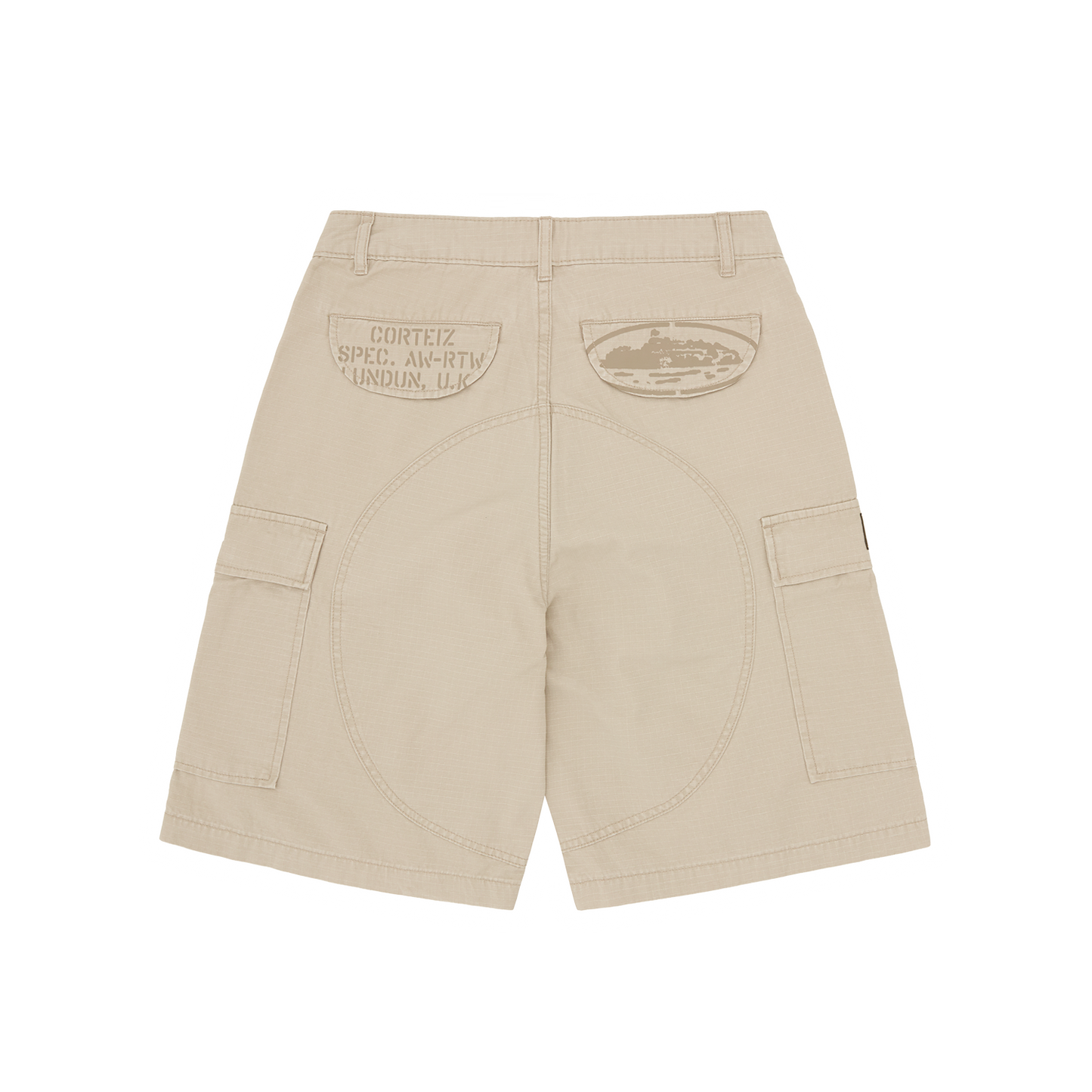 Corteiz Brown Cotton Ripstop Cargo Shorts, Tan, back view showing screen-printed CRTZ logo on back pocket