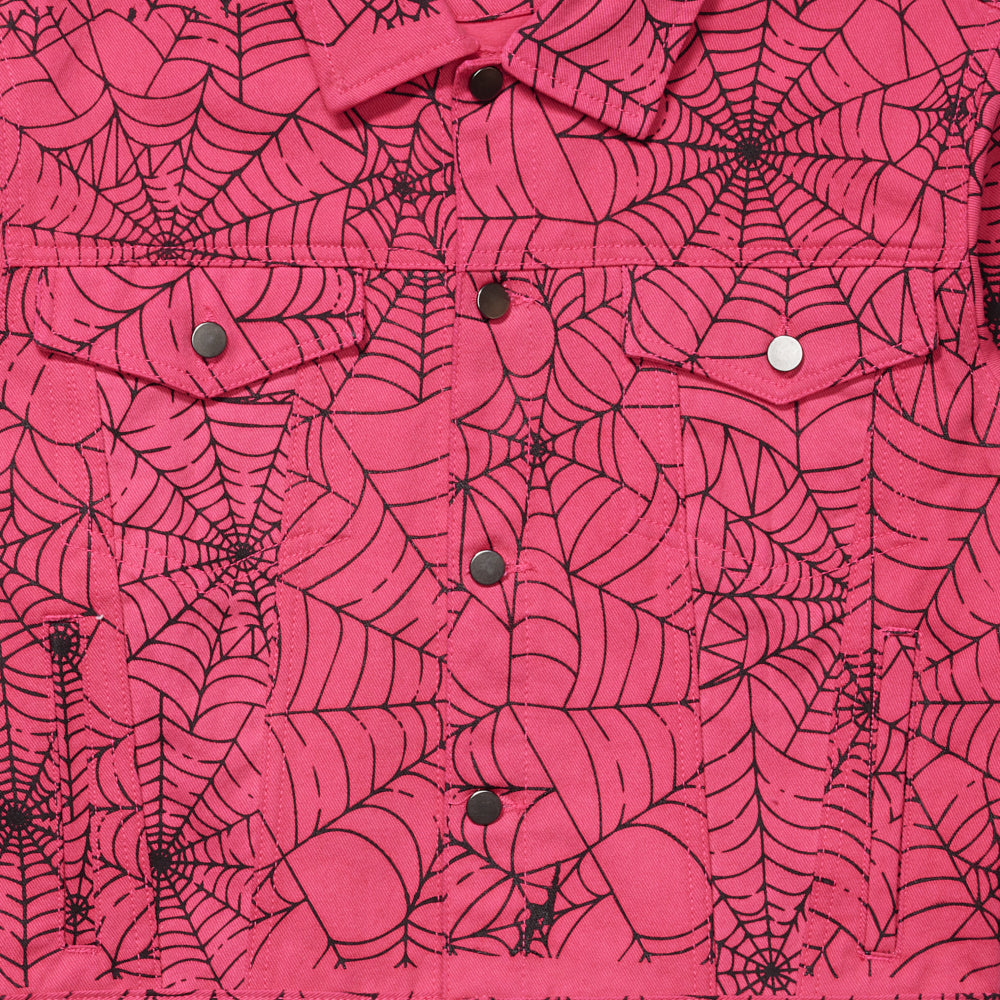Detail view of black web print on SP5DER Pink AOP Trucker Jacket