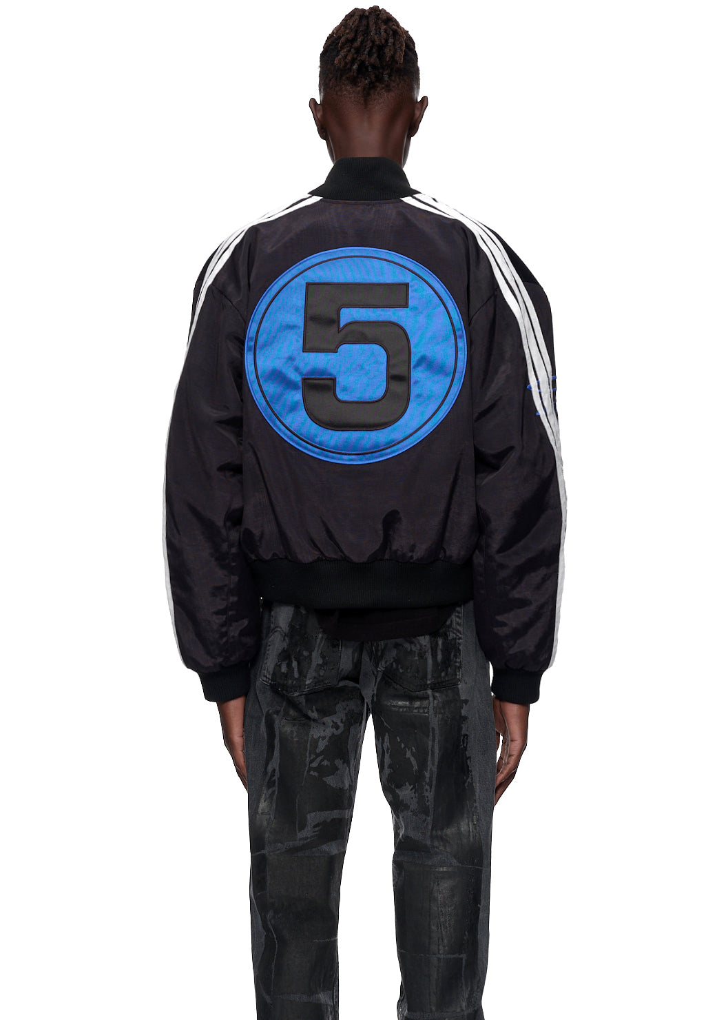 Full look view of SP5DER Satin Bomber Jacket in Black