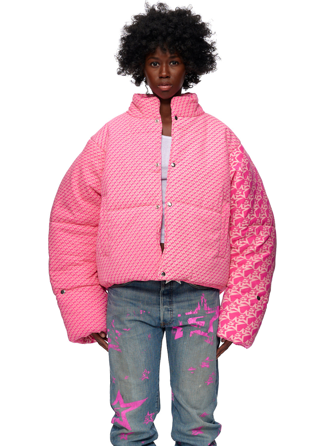 Full look back view of SP5DER 5Star Puffer Jacket in Pink