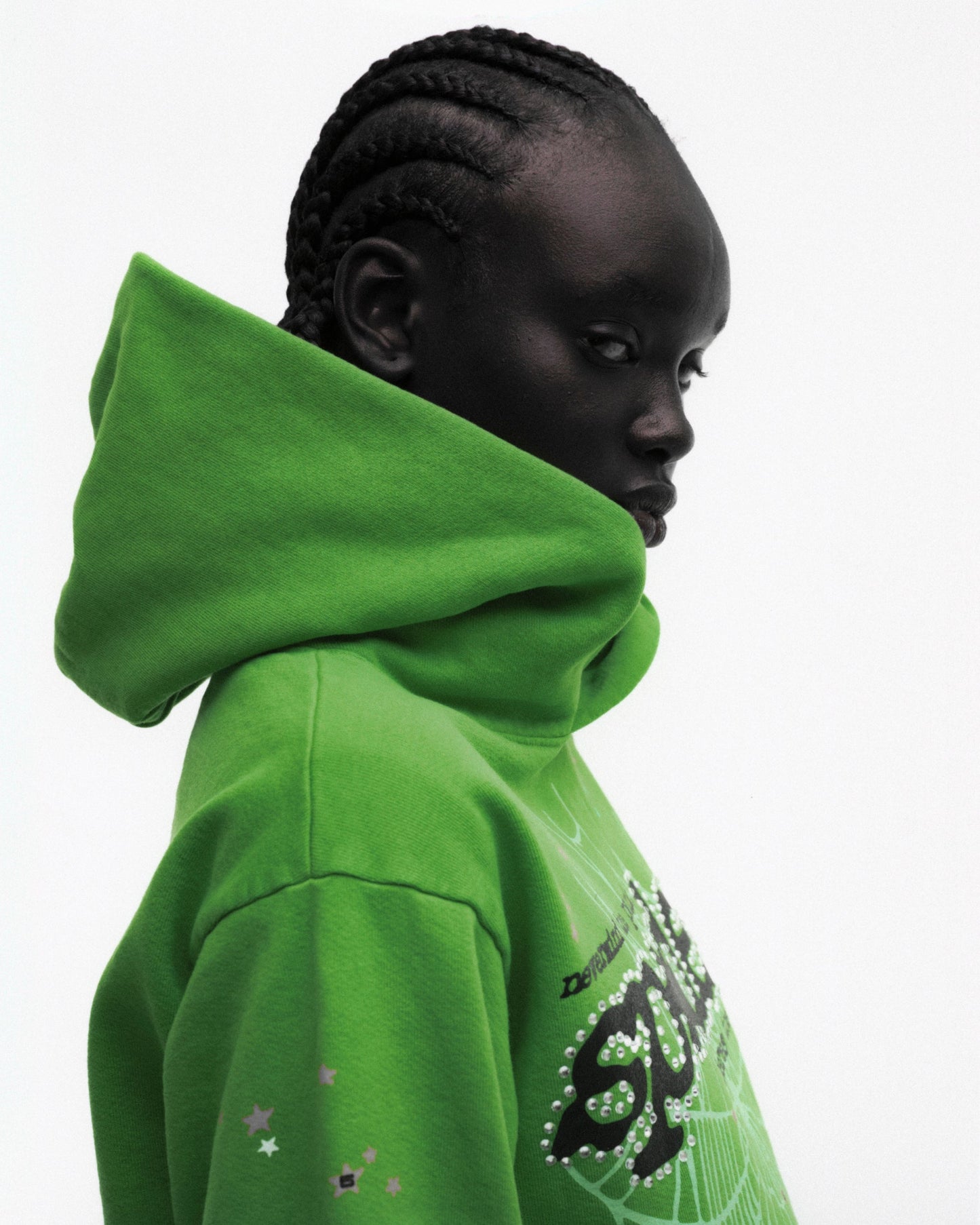 SP5DER Punk V2 Rhinestone Hoodie - Bright Green - Detail View 11