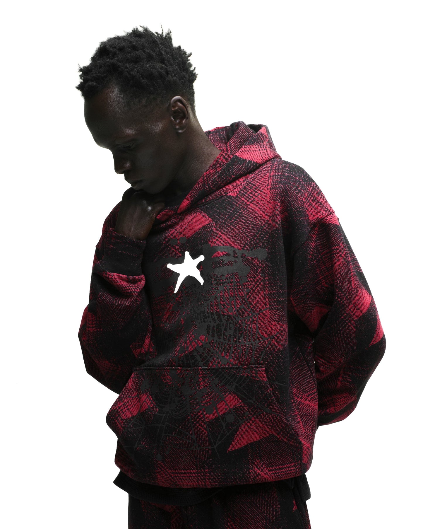 SP5DER Plaid Splatter Hoodie - Black - Detail View 14
