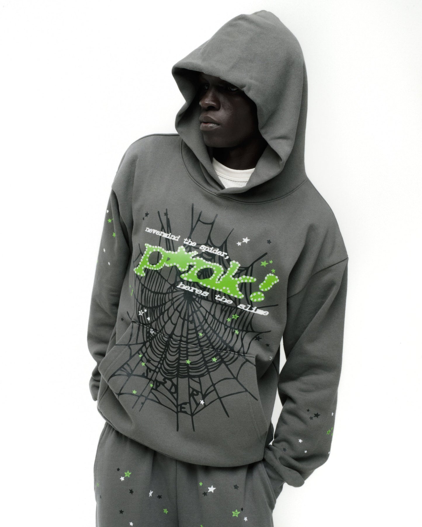 SP5DER Punk V2 Star Print Hoodie - Slate Grey - Detail View 15