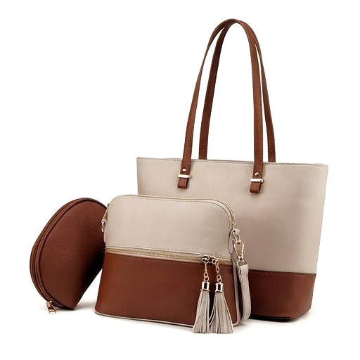 Bag It Grace Two-Tone Handbag - Beige and Brown Vegan Leather