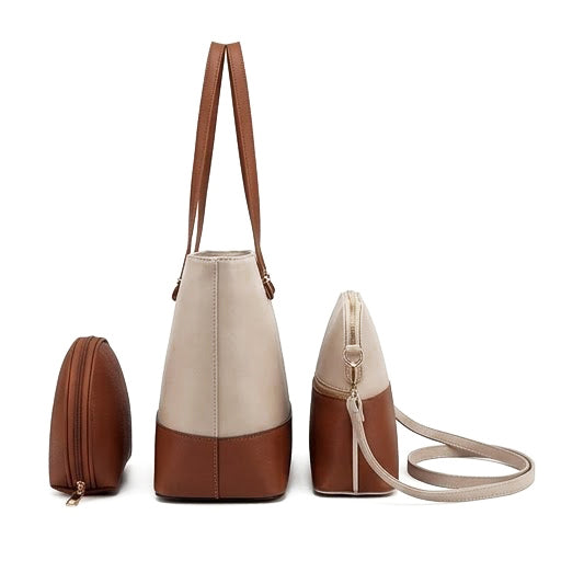 Bag It Grace Two-Tone Handbag - Beige and Brown Vegan Leather