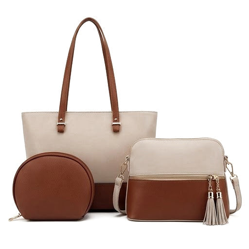 Bag It Grace Two-Tone Handbag - Beige and Brown Vegan Leather