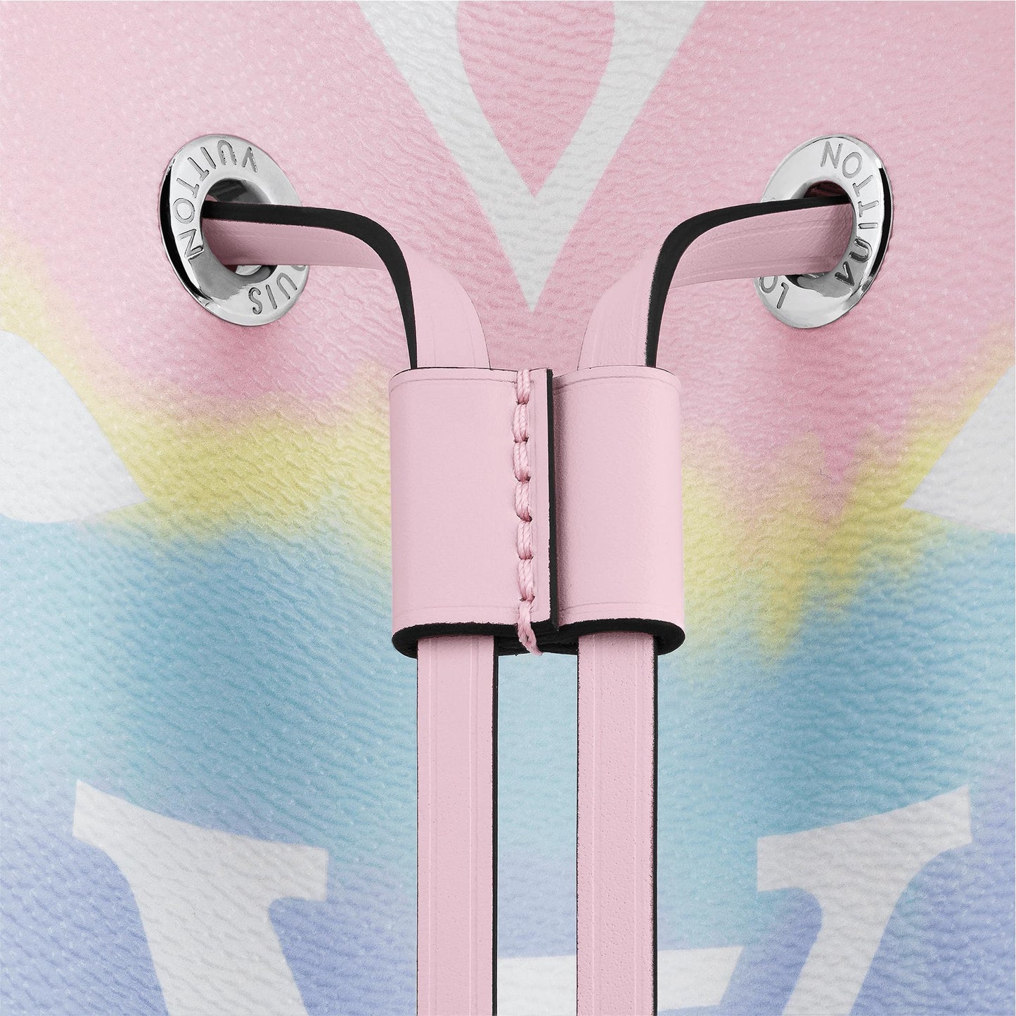 Pink earbuds with a branded case on a colorful background