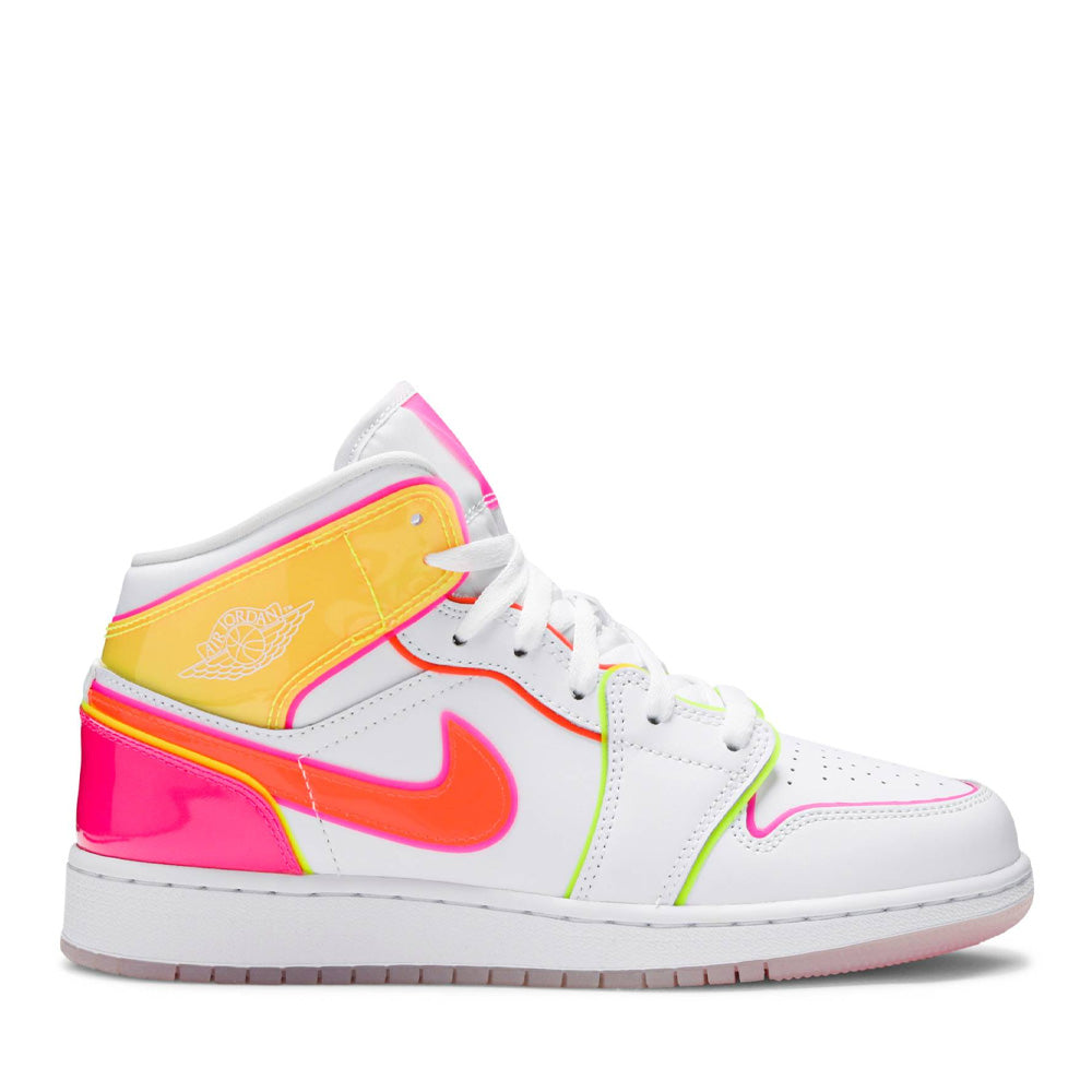 Air Jordan 1 Mid GS Edge Glow sneaker, front view showing pink and white colorway