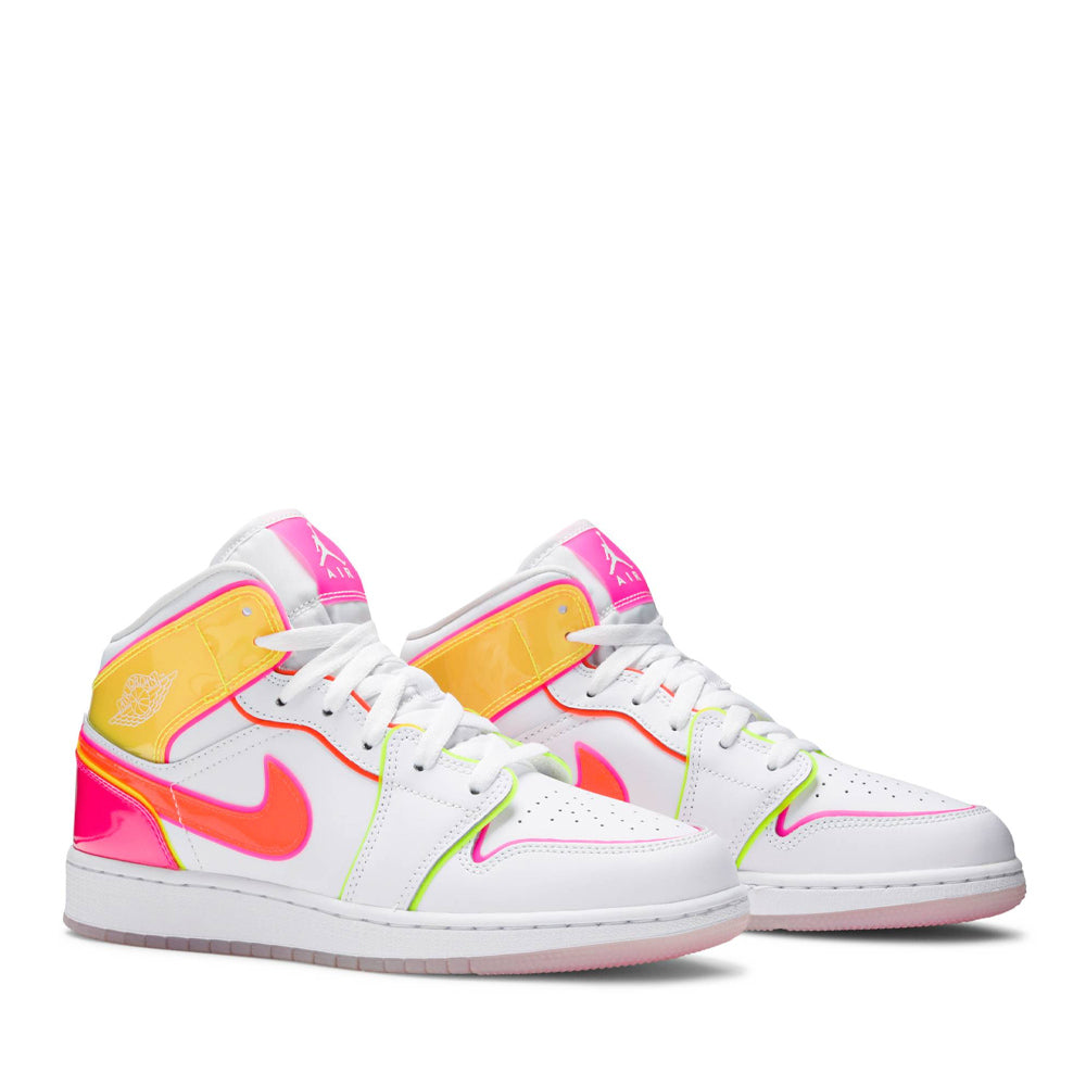 Air Jordan 1 Mid GS Edge Glow sneaker, angled sole view