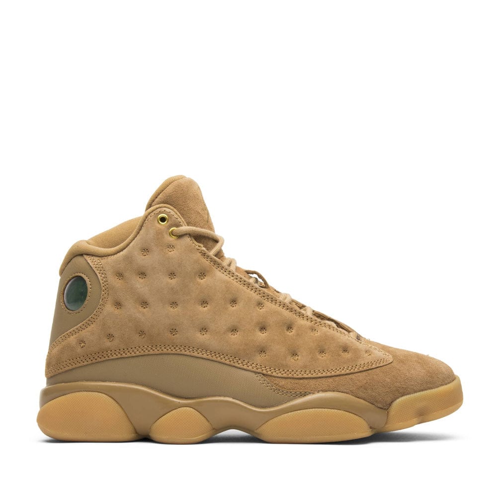 Air Jordan 13 Retro Wheat sneaker, front view showing brown leather upper
