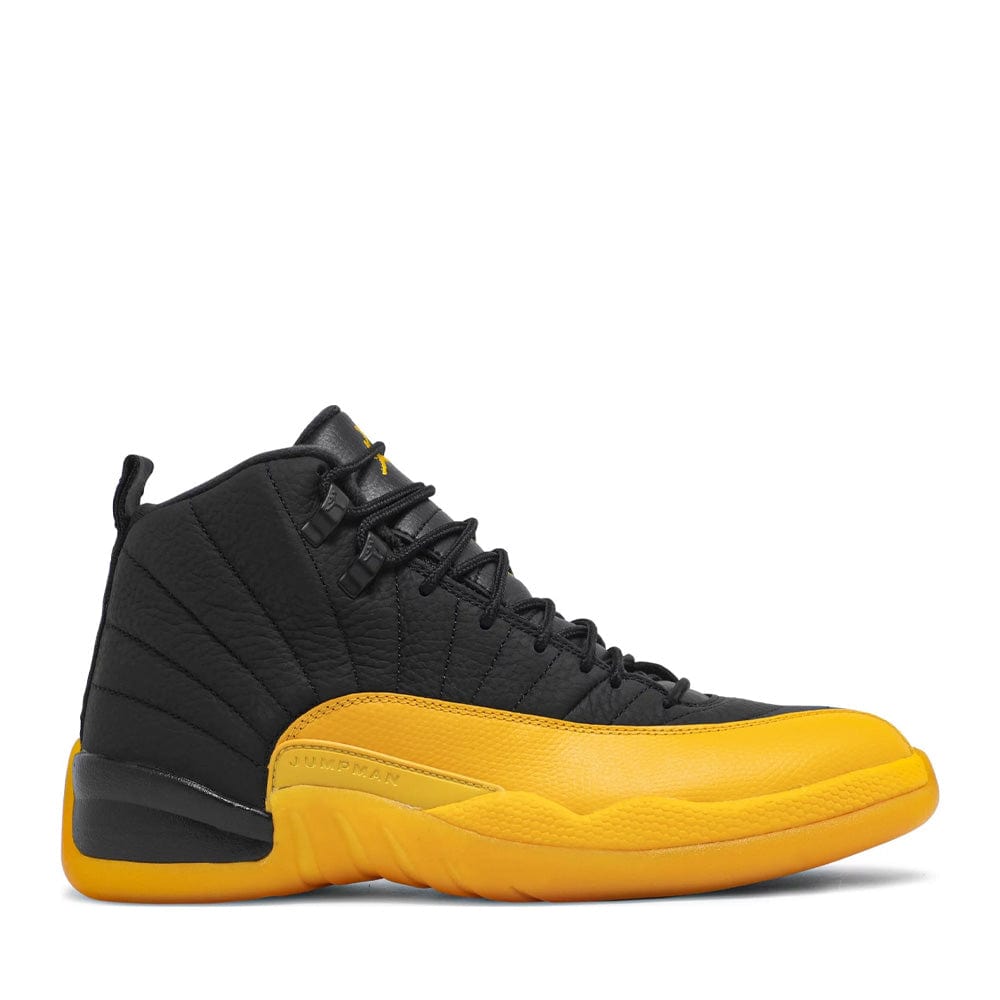 Air Jordan 12 Retro Black University Gold 2020 sneaker, front view showing black and gold leather upper