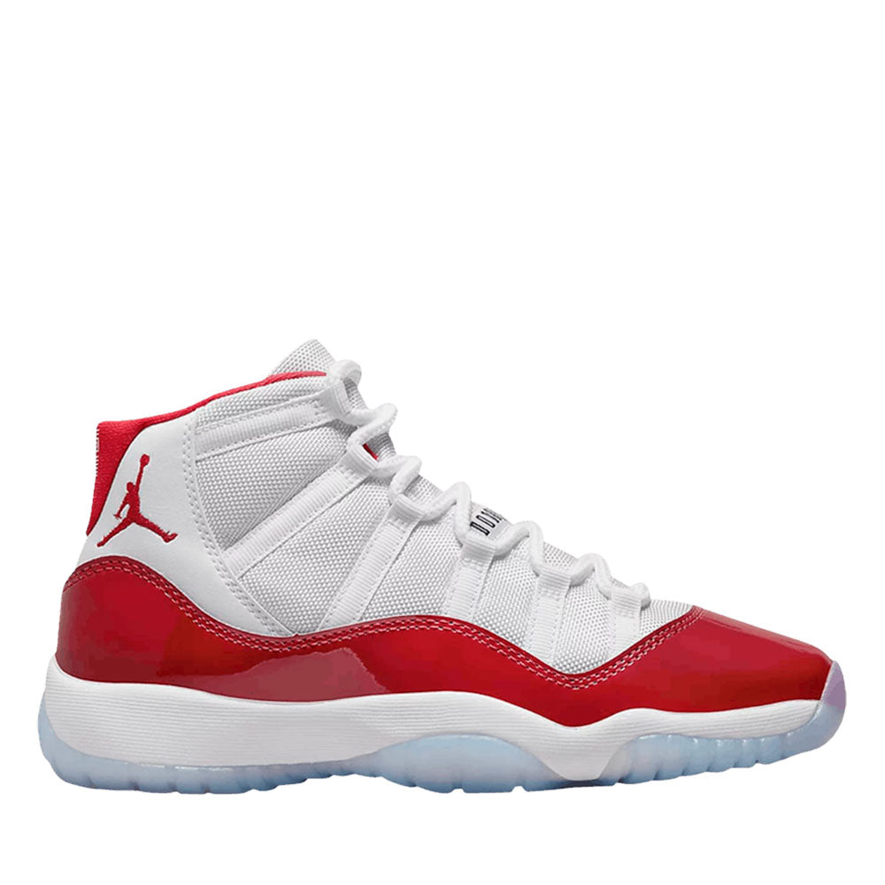 Air Jordan 11 Retro Cherry GS 2022 sneaker, front view showing white and red patent leather upper