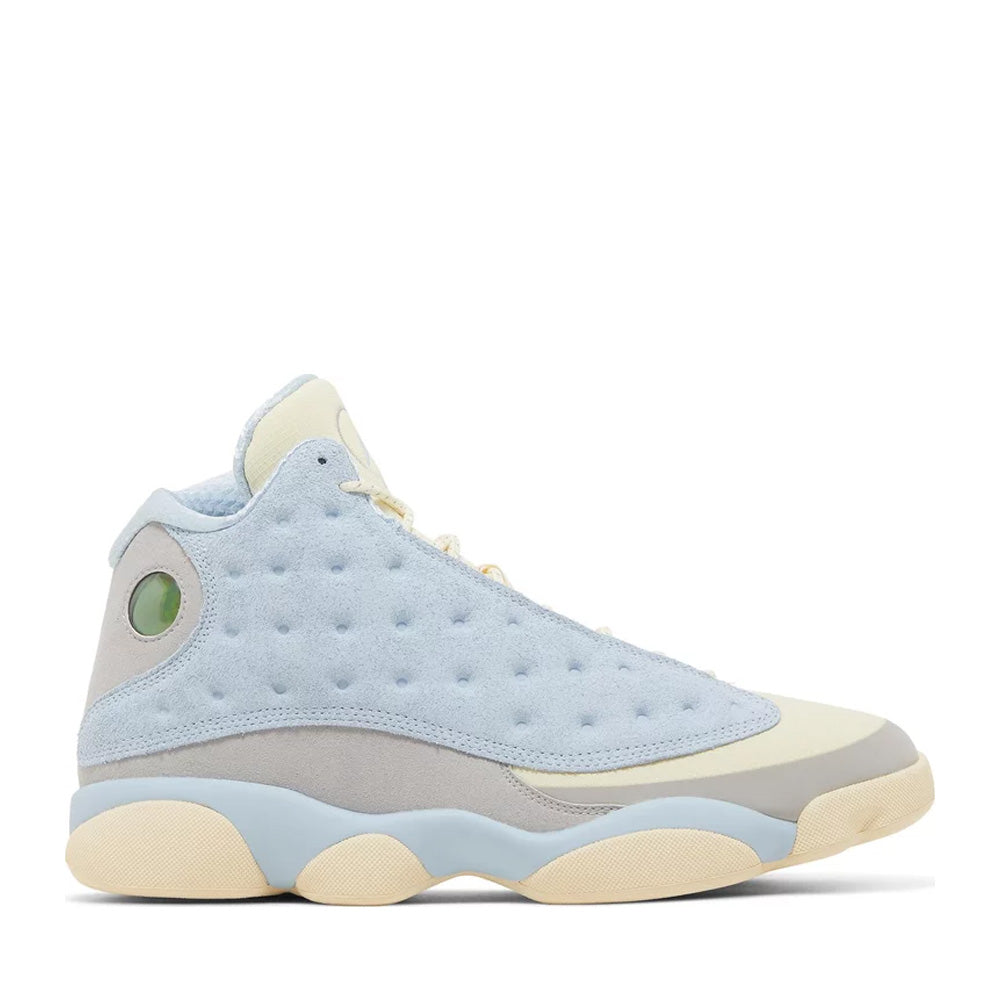 Air Jordan 13 Retro SoleFly Celestine Blue sneaker, front view showing blue leather upper