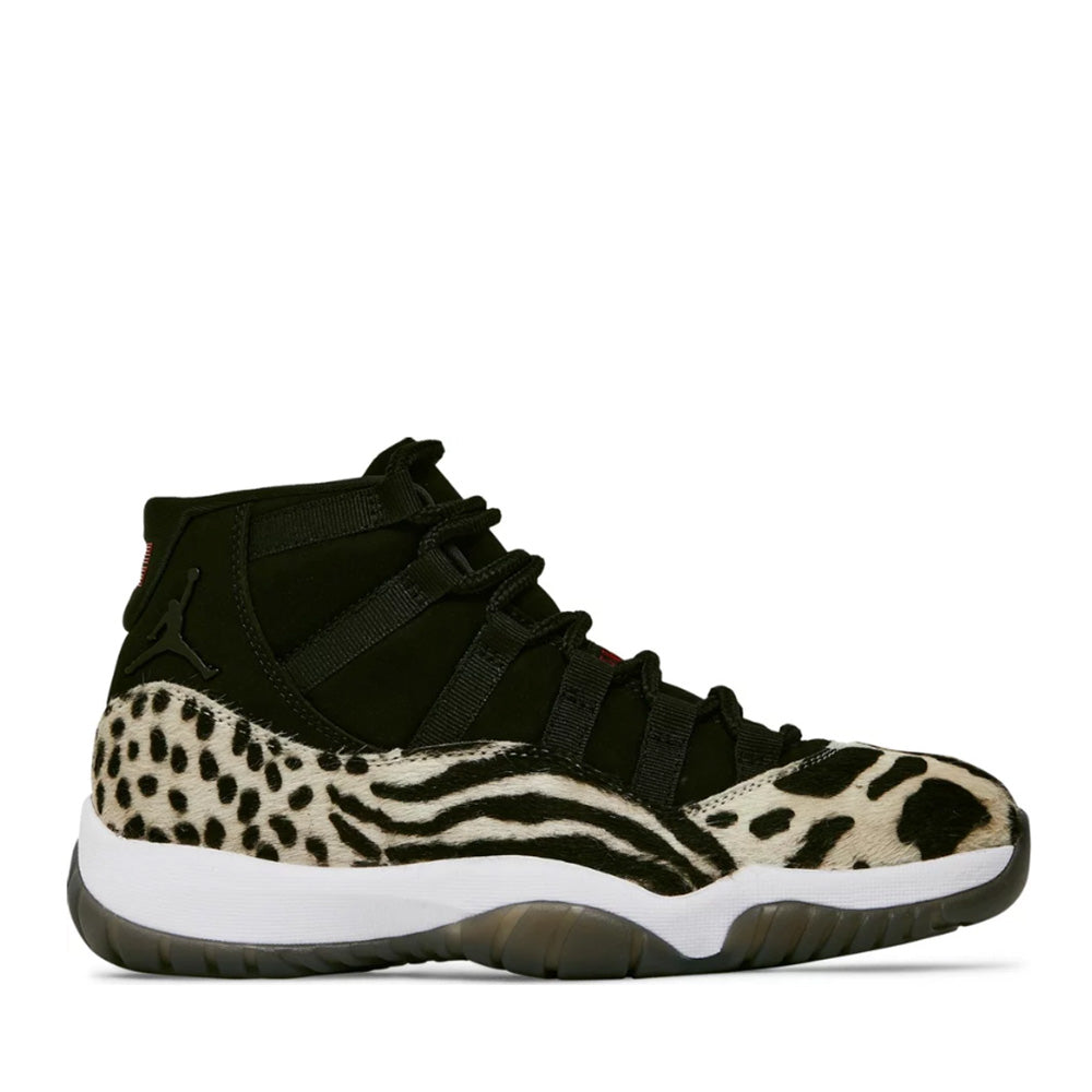 Air Jordan 11 Retro Animal Instinct Wmns sneaker, front view showing animal print colorway
