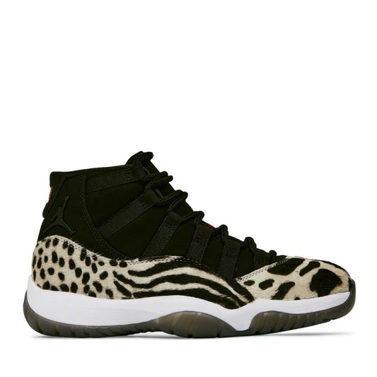 Air Jordan 11 Retro Animal Instinct Wmns sneaker, front view showing animal print colorway
