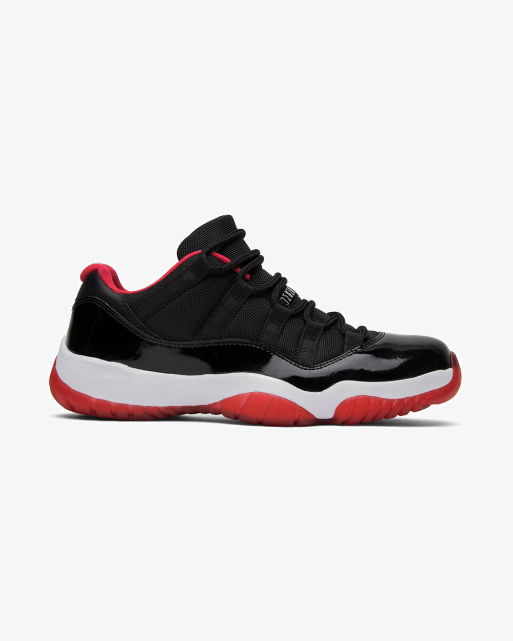 Air Jordan 11 Retro Bred Low sneaker, front view showing black and red patent leather upper