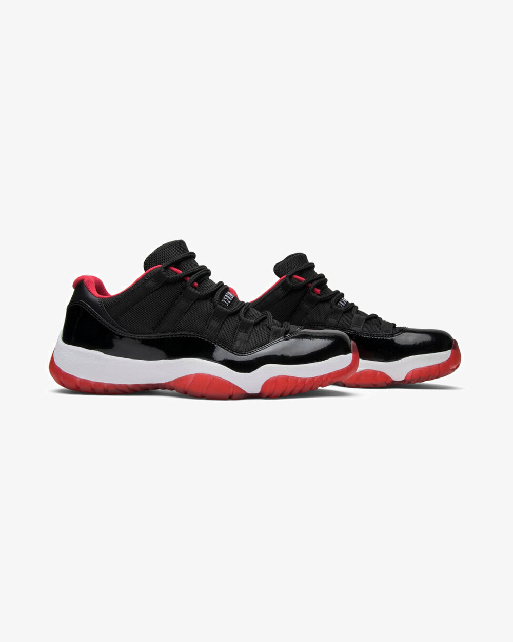Air Jordan 11 Retro Bred Low sneaker, angled sole view