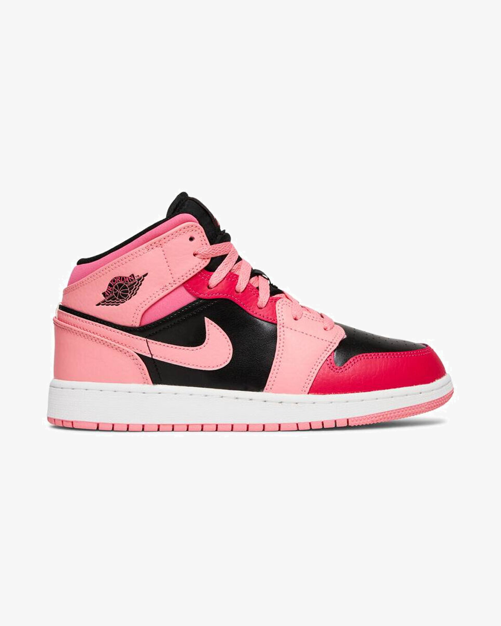 Air Jordan 1 Mid GS Pink Coral Chalk sneaker, front view showing pink and coral color blocking