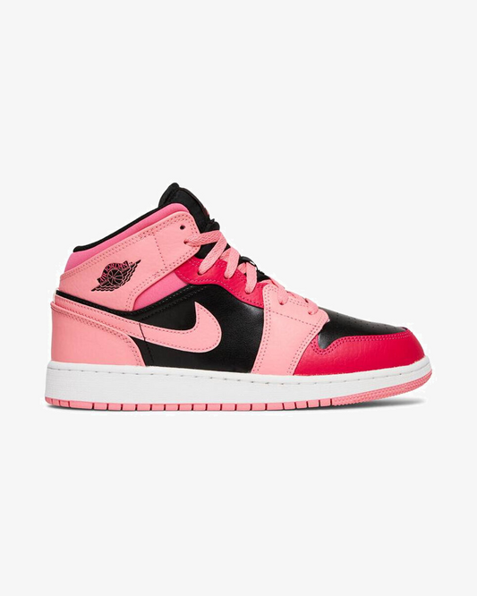Air Jordan 1 Mid GS Pink Coral Chalk sneaker, front view showing pink and coral color blocking
