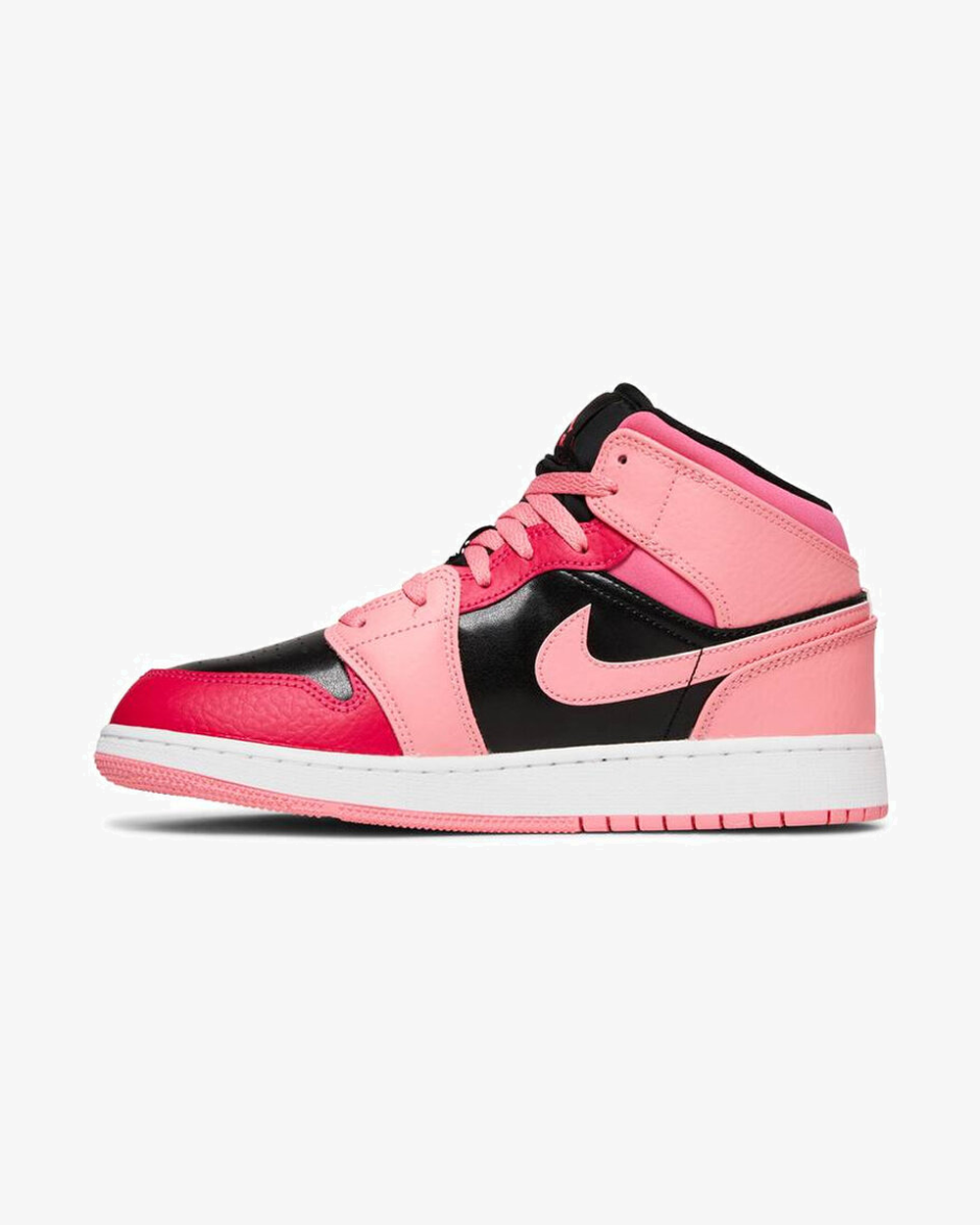 Air Jordan 1 Mid GS Pink Coral Chalk sneaker, side profile view