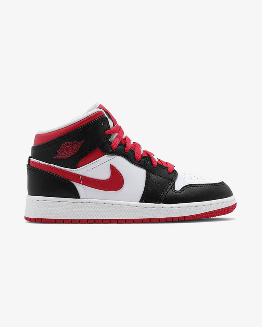Air Jordan 1 Mid GS White Very Berry sneaker, front view showing white and red colorway