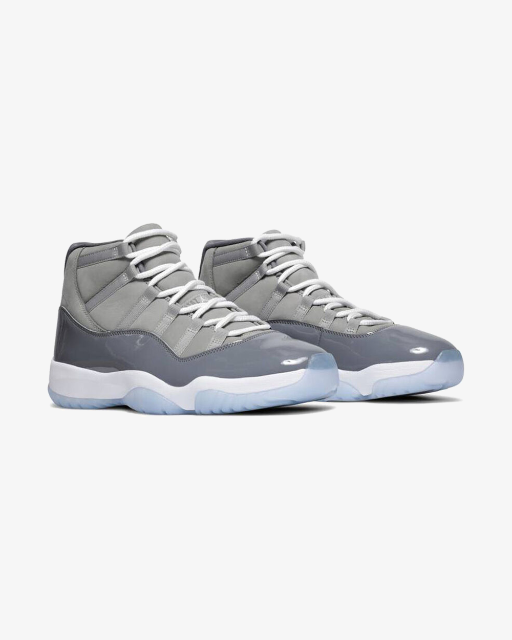 Air Jordan 11 Retro Cool Grey 2021 sneaker, front view showing grey and white patent leather upper
