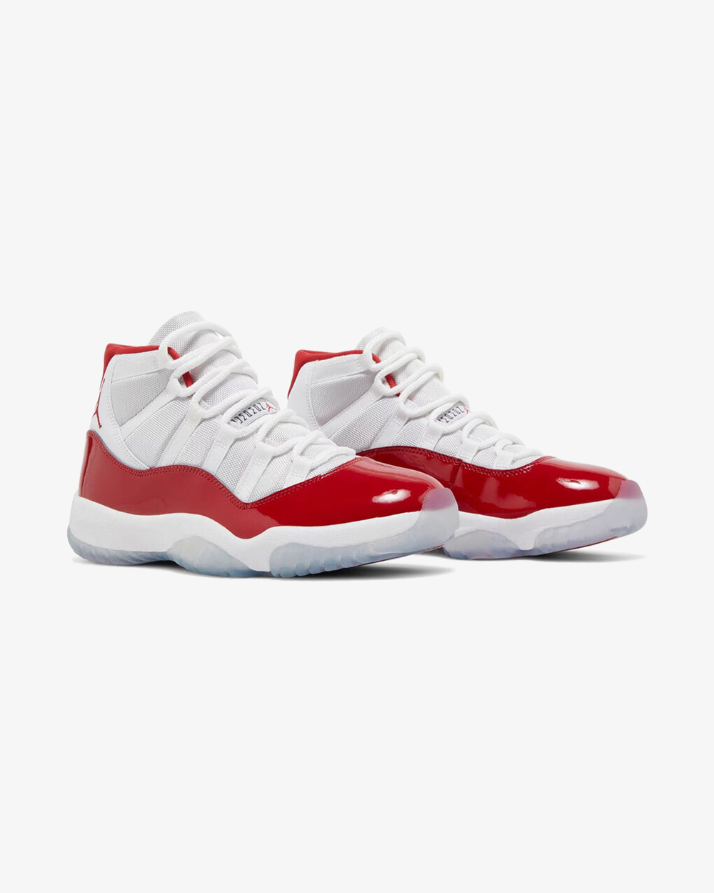 Air Jordan 11 Retro Cherry 2022 sneaker, front view showing white and red patent leather upper