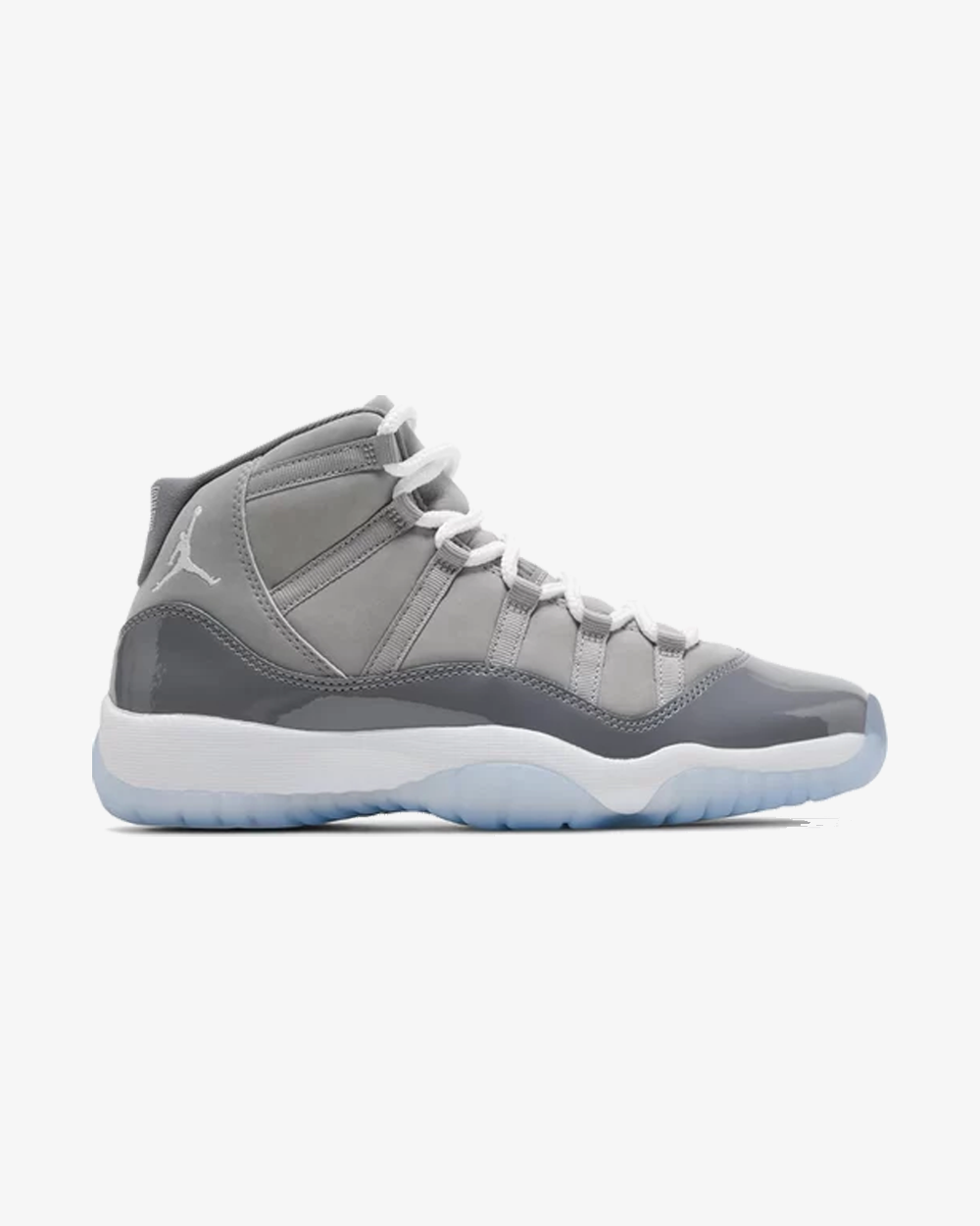 Air Jordan 11 Retro Cool Grey 2021 GS sneaker, front view showing grey and white patent leather upper