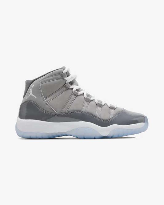 Air Jordan 11 Retro Cool Grey 2021 GS sneaker, front view showing grey and white patent leather upper