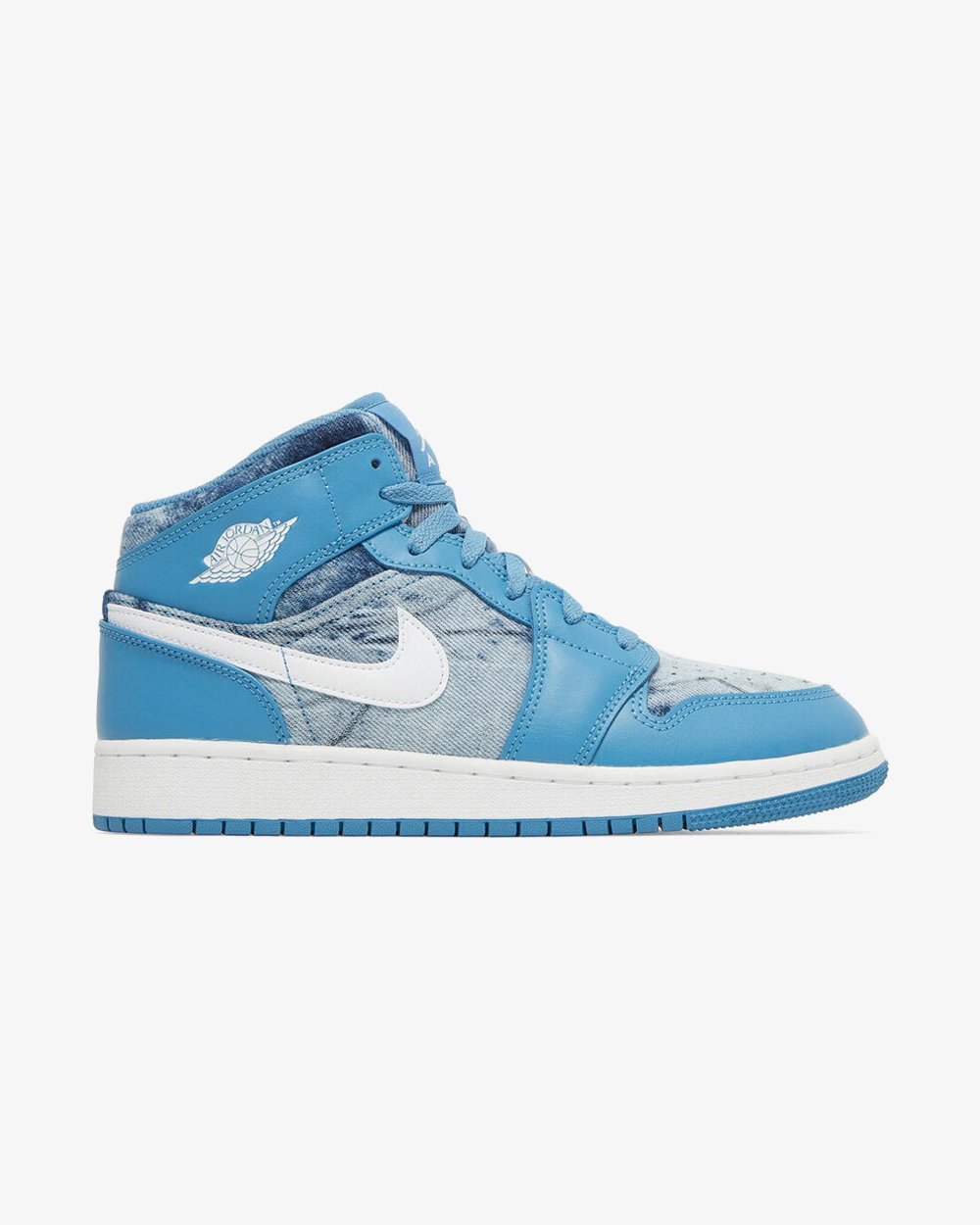 Nike Jordan 1 Mid GS Washed Denim sneaker, front view showing denim upper
