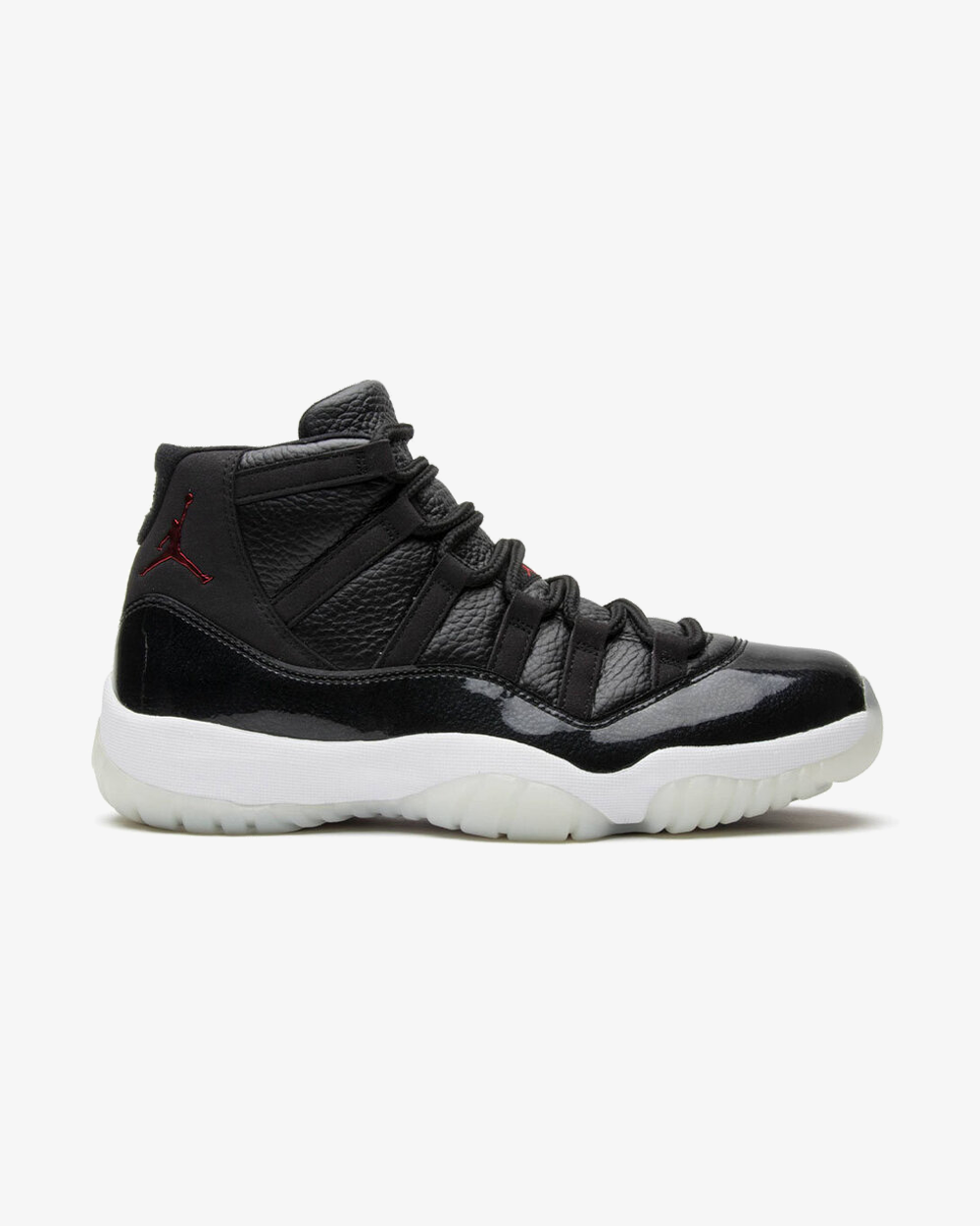 Air Jordan 11 Retro 72-10 sneaker, front view showing black and white patent leather upper