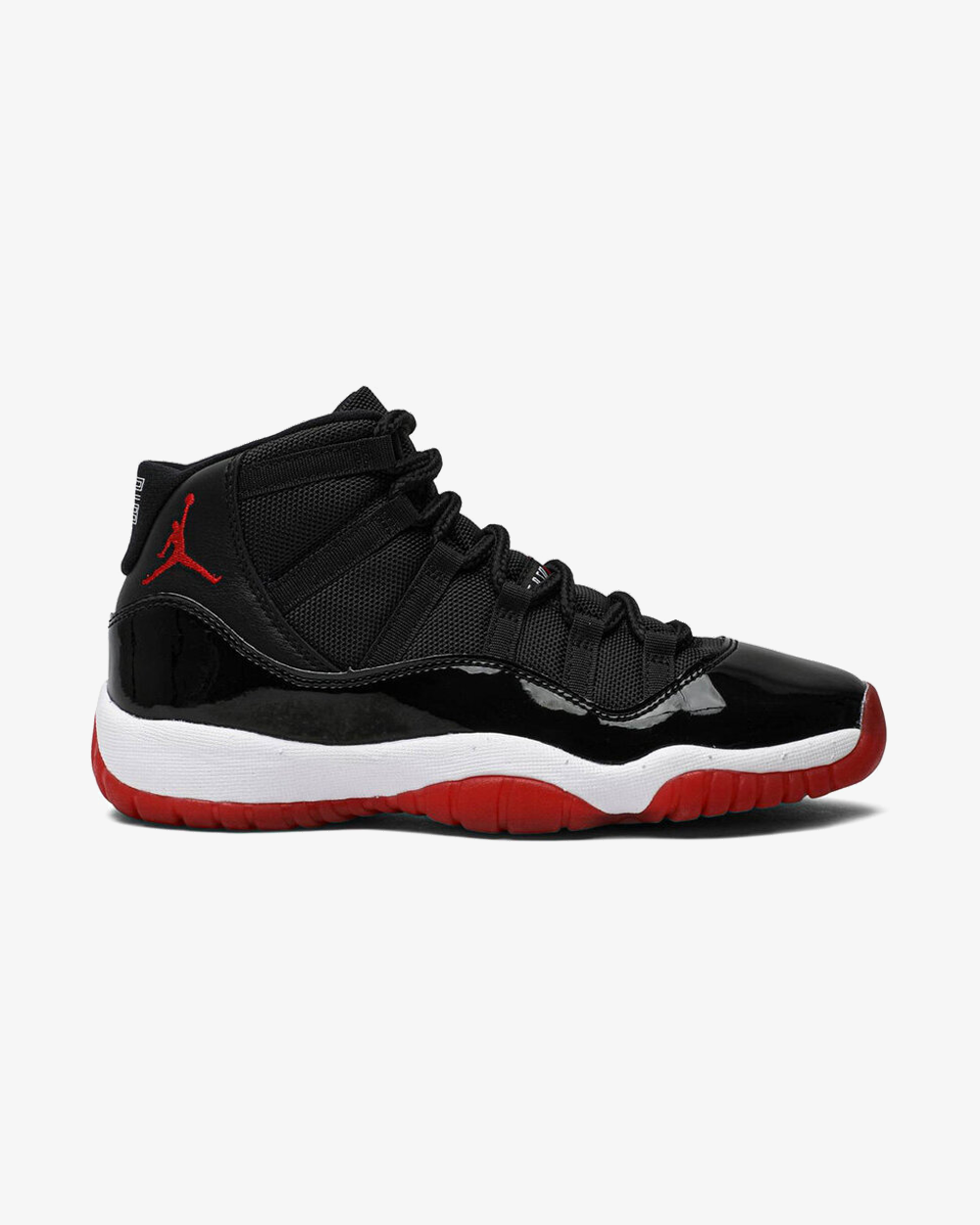 Air Jordan 11 Retro Playoffs GS Bred 2019 sneaker, front view showing black and red patent leather upper