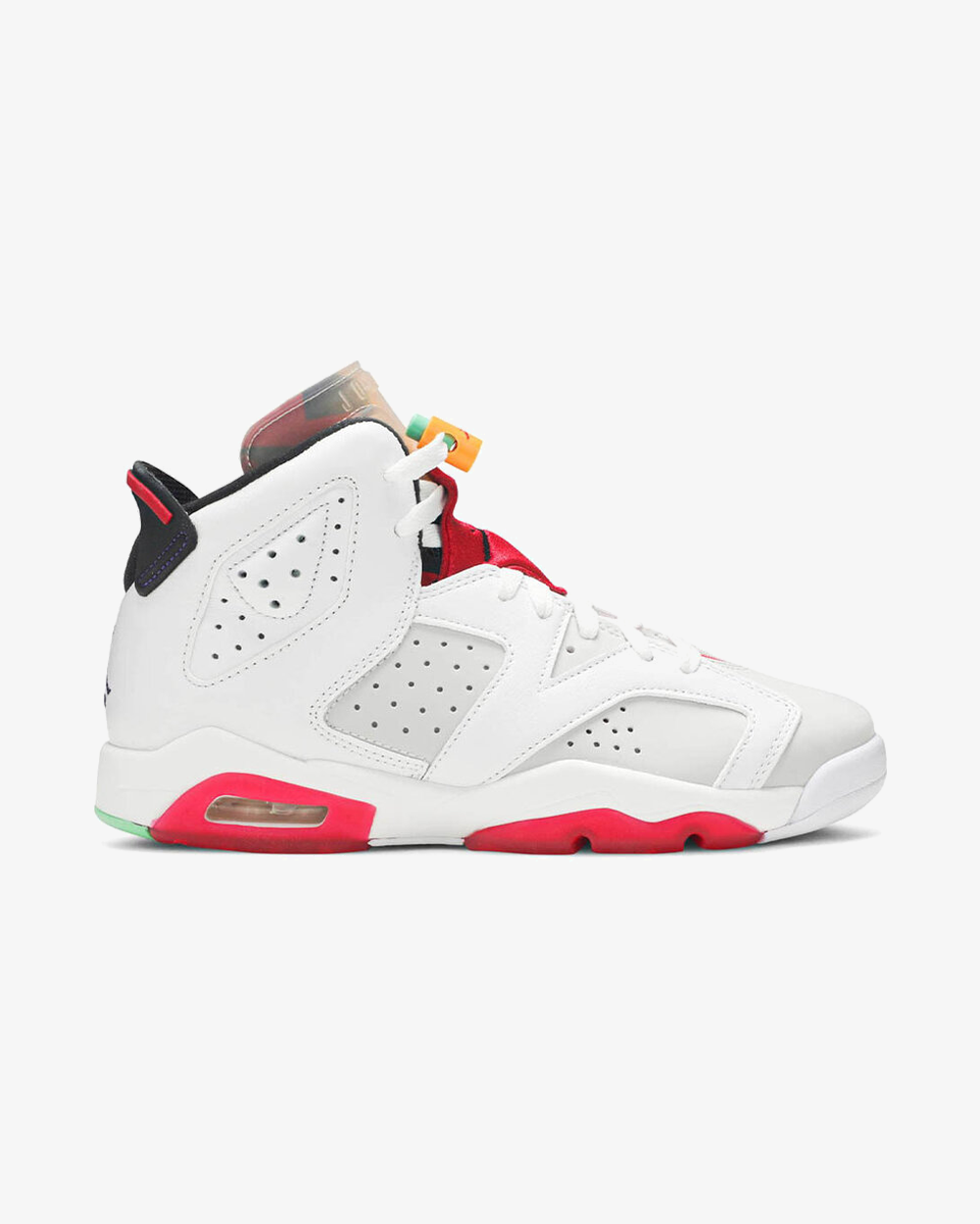 Air Jordan 6 Retro Hare GS sneaker, front view showing white blue and orange leather upper