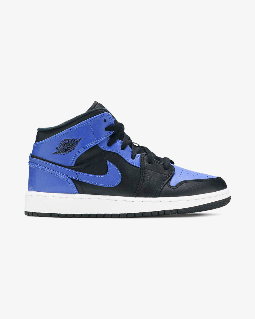 Air Jordan 1 Mid Hyper Royal Blue GS 2020 sneaker, front view showing blue and black colorway