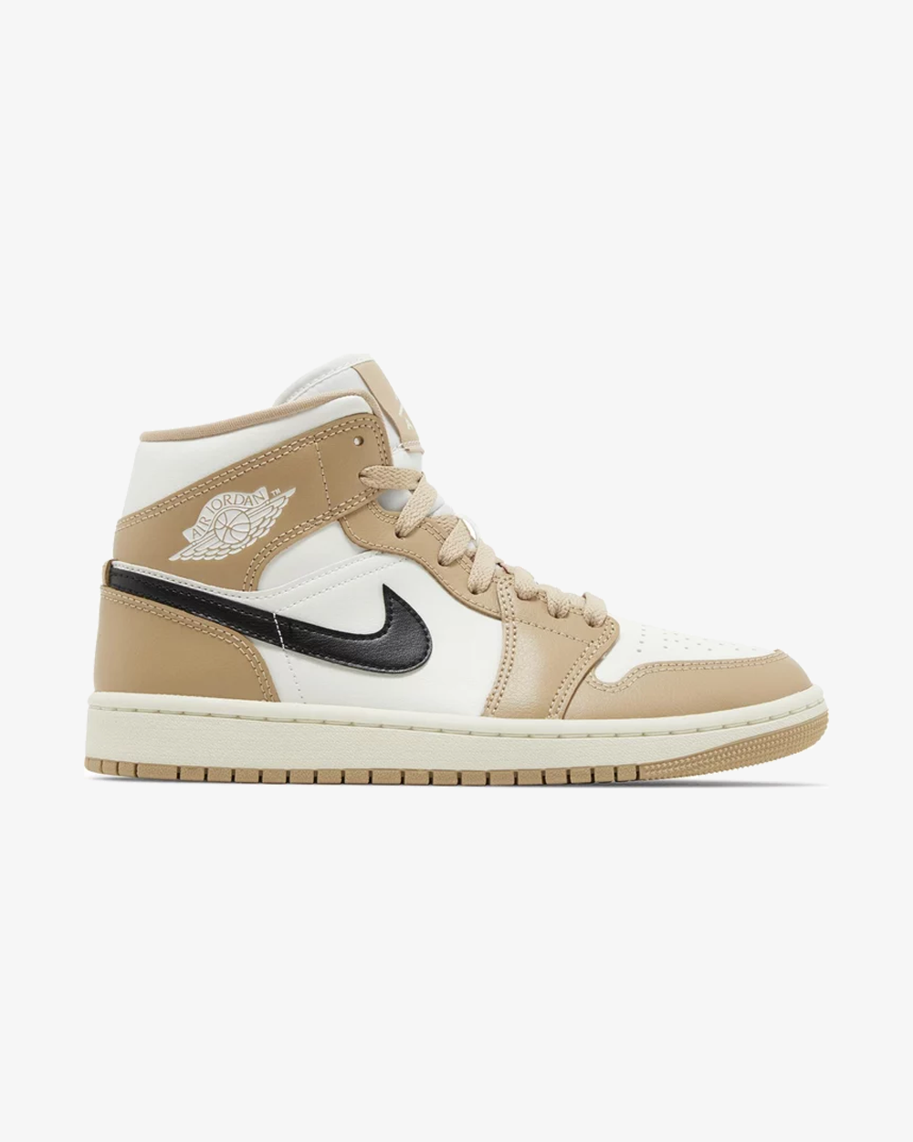 Air Jordan 1 Mid SE Wmns Desert Sail sneaker, front view showing beige and white leather upper