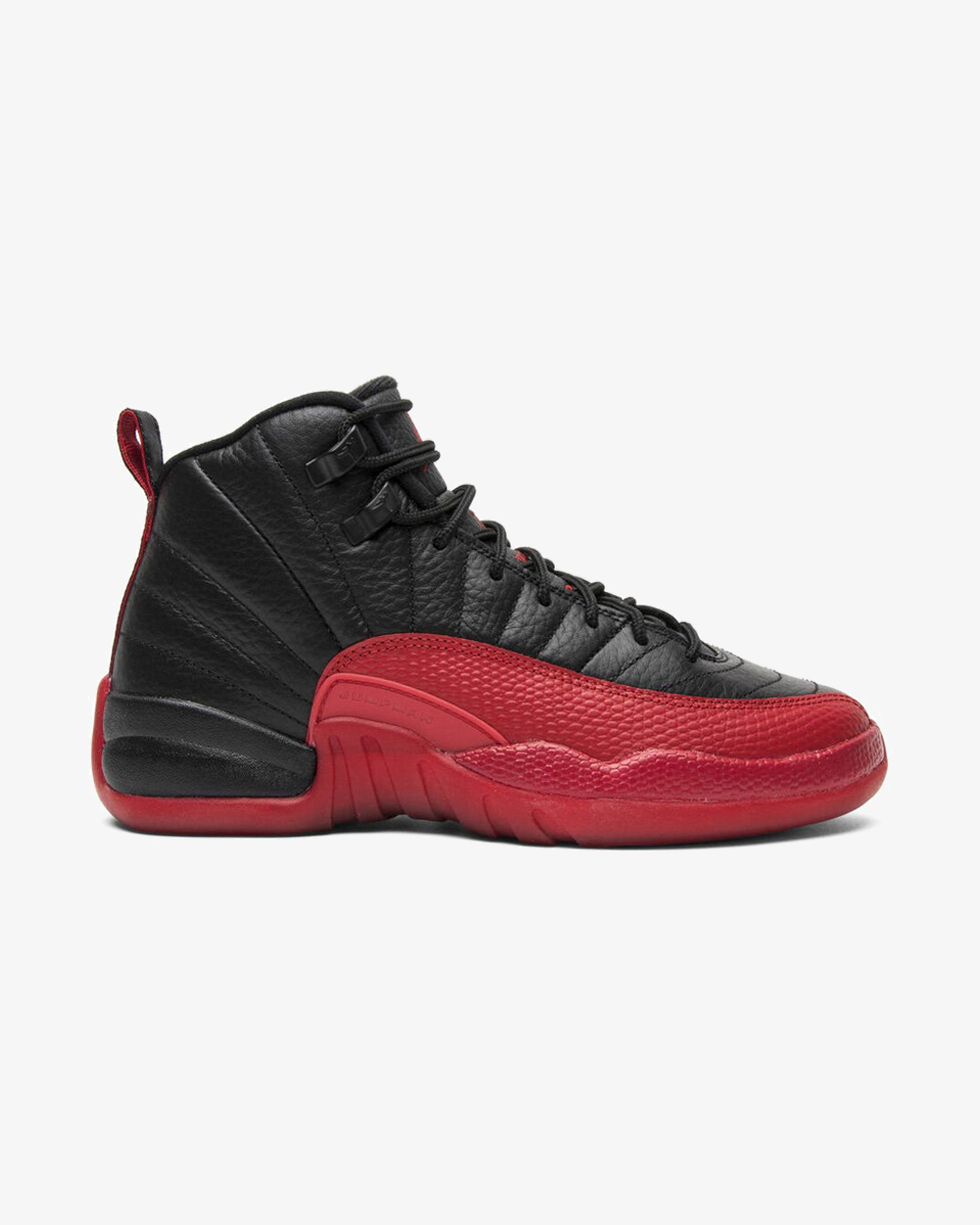 Air Jordan 12 Retro Flu Game GS sneaker, front view showing black and red leather upper