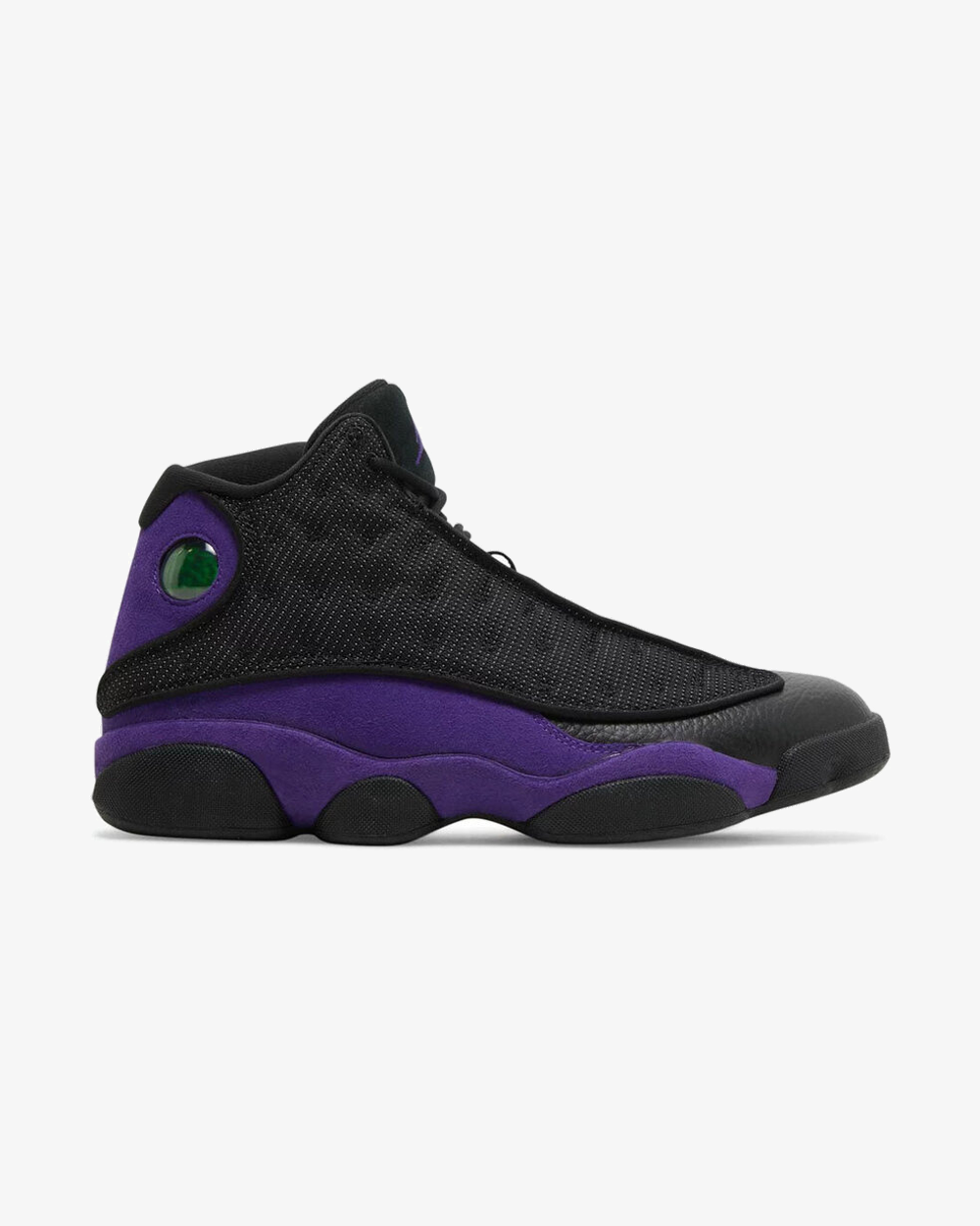 Air Jordan 13 Retro Court Purple sneaker, front view showing black and purple leather upper