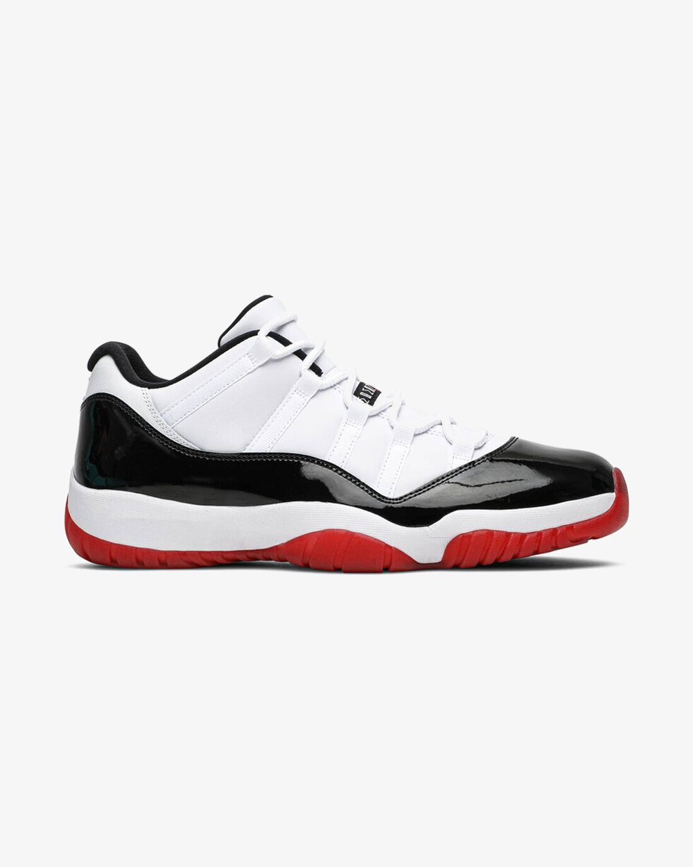 Air Jordan 11 Retro Concord Bred Low 2020 sneaker, front view showing black and white patent leather upper