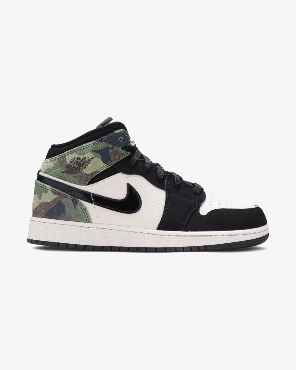 Air Jordan 1 Mid SE GS Camo sneaker, front view showing woodland camo print
