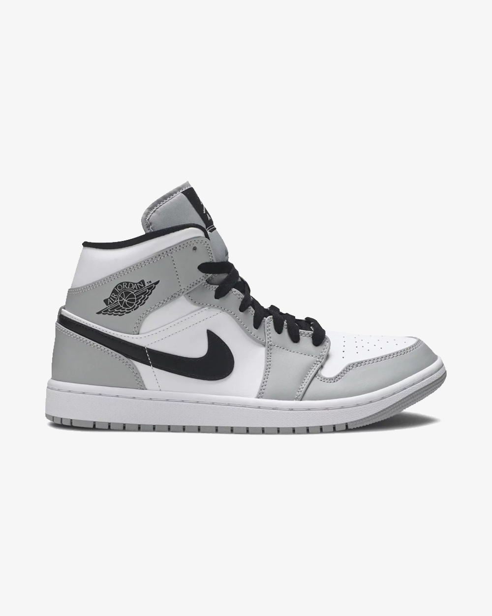 Air Jordan 1 Mid Light Smoke Grey 2023 sneaker, front view showing white and grey leather upper